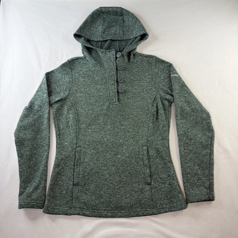 Columbia Women's M Green Fleece Hoodie Pullover Button Neck Sweater